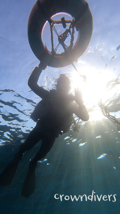 体験ダイビングで水面のフロートにつかまっているダイバー